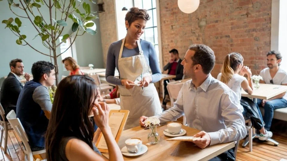 Un employé prend la commande à table