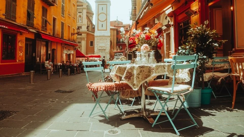 The front of a bistro on a village street